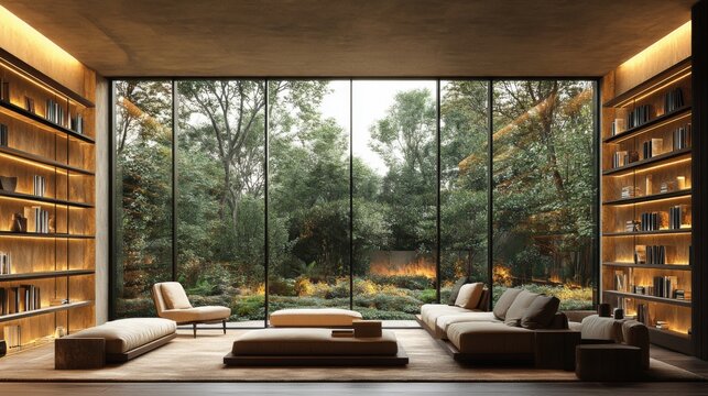 Spacious living room features a contemporary design with ample natural light pouring in from large windows. Cozy seating surrounds shelves filled with books, providing a relaxing atmosphere.