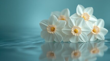 White daffodils floating on water, serene reflection.
