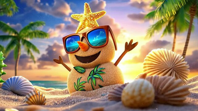 Sunny sandman on tropical beach with sunglasses and seashells