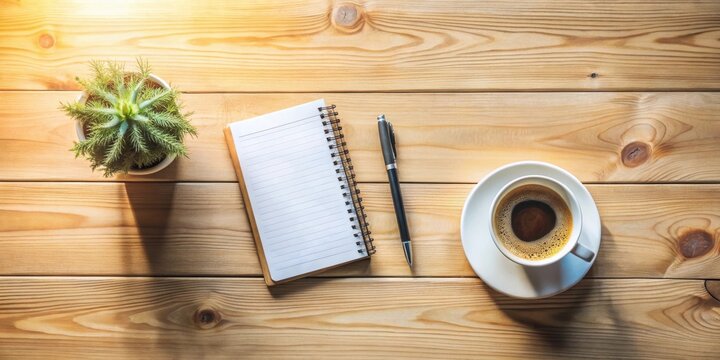 A peaceful workspace with a blank notepad, pen, coffee, and succulent plant on a light wood table