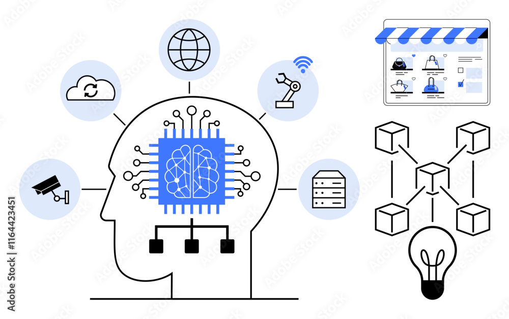 Poster head with neural network chip, connected icons of cloud, globe, camera, robotic arm, server, flowcha