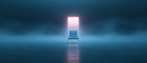 A chair is sitting in front of a doorway in a foggy, misty environment