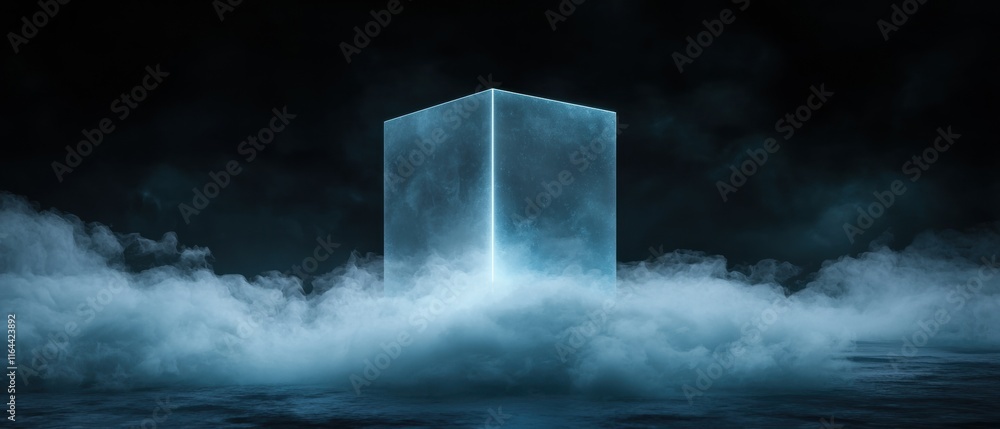 Poster a cube is lit up in the dark with a foggy background