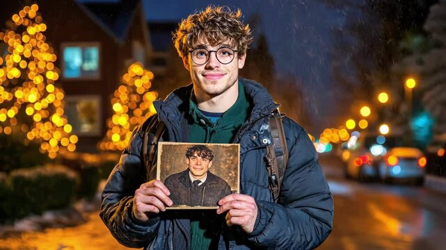 Young man holding childhood photo on winter night with festive lights in background