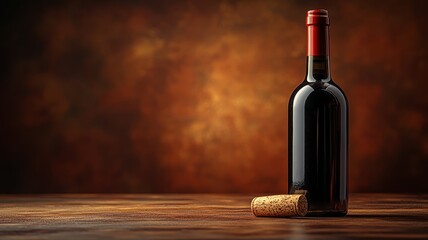 Classic Wine Bottle on Wooden Table with Cork