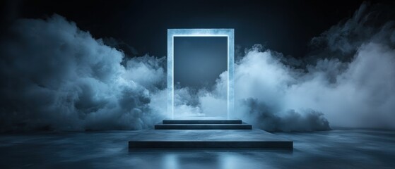 A large, open door is surrounded by a cloud of smoke