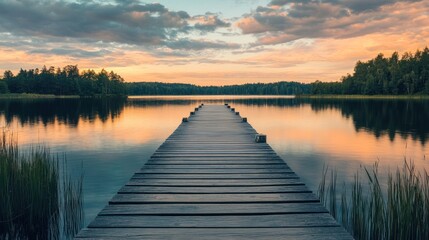 Wooden Pier Extending into Calm Lake at Sunset