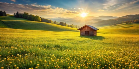 Serene sunset landscape featuring a rustic wooden cabin nestled in a vibrant yellow flower field, rolling green hills, and a majestic mountain backdrop