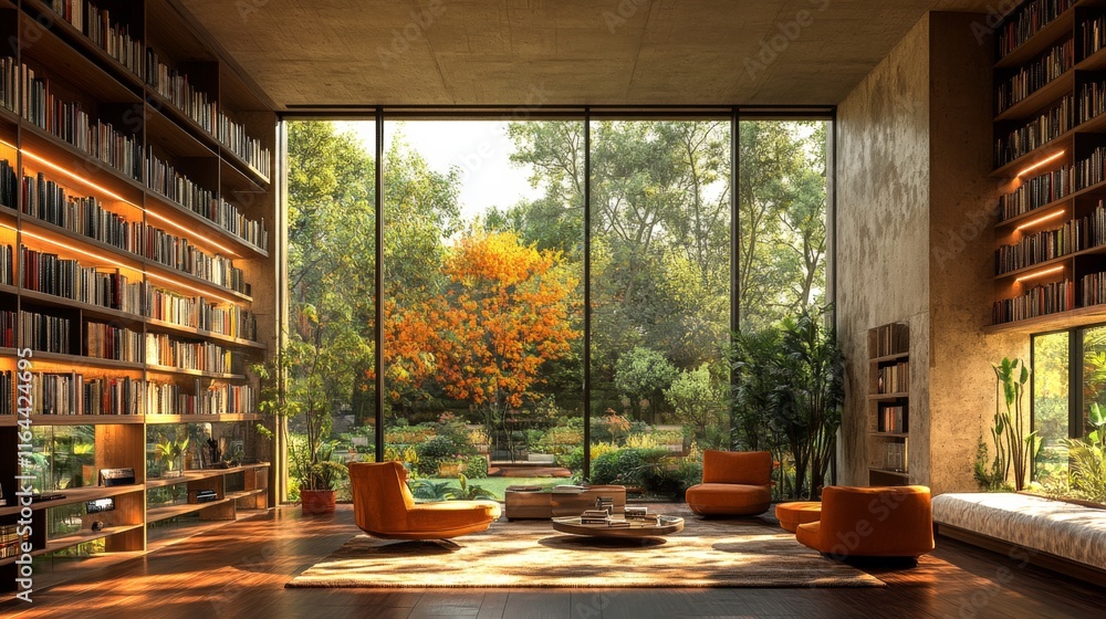 Poster a warm reading corner features two orange chairs and a wooden table surrounded by bookshelves. large