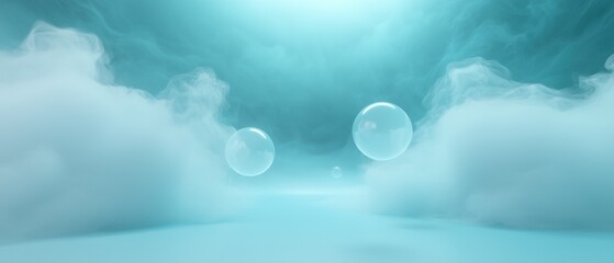 A blue sky with clouds and two bubbles floating in the air