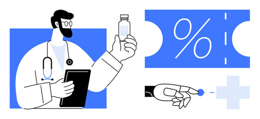 Doctor holding a vial and tablet, a robotic hand pointing to a medical cross, and a large percentage symbol. Ideal for healthcare innovation, technology in medicine, pharmaceuticals, medical