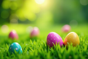 Fototapeta premium Colorful Easter eggs scattered on the lush green grass , flowers, garden, hunt