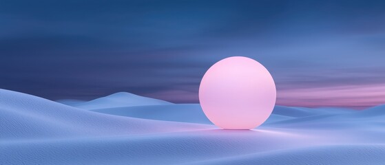 A pink sphere is sitting on a snowy hill