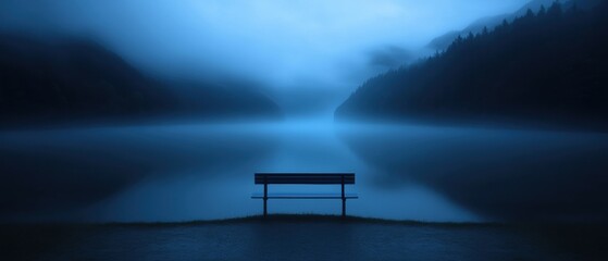 A blue bench sits on the edge of a lake, with fog in the background