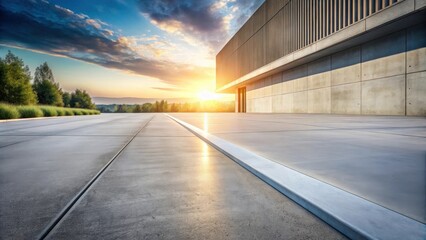 Obraz premium Sunset over expansive concrete plaza adjacent to modern building