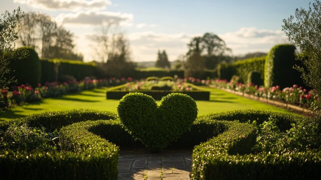 A beautifully manicured garden featuring heart-shaped hedges amidst vibrant flowers under a sunny sky.