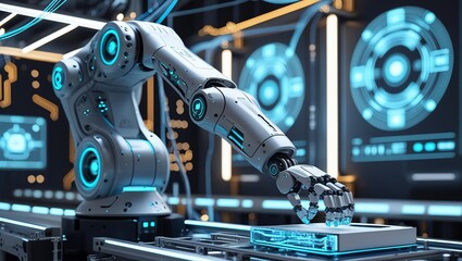 Fototapeta premium AI-Controlled Industrial Robot Arm in Advanced Manufacturing