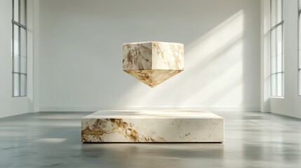 Floating cubic marble pedestal, dynamic lighting, 3D illustration