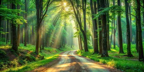 Sunlit Path Through a Lush Green Forest with Rays of Light Illuminating the Way