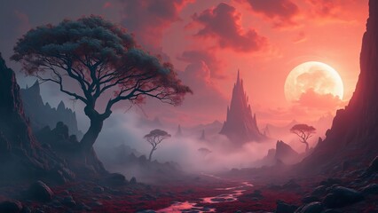 Ethereal Pink Sunset Landscape, Misty Mountains, Ancient Trees, and a Giant Moon