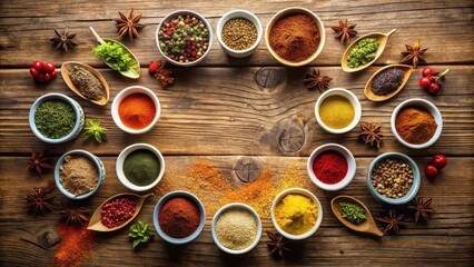 Aromatic Spice Collection Arranged in a Circular Pattern on Rustic Wooden Surface