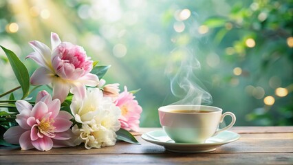 Fototapeta premium Serene morning a steaming cup of tea rests on a rustic wooden surface beside a vibrant bouquet of pink and white flowers, bathed in soft sunlight.