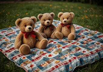 A cute teddy bear sitting on a picnic blanket in a sunlit meadow during a warm afternoon