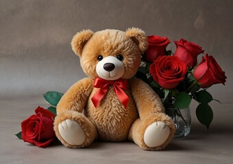 Toy soft bear with red roses for Valentine's theme with red heart