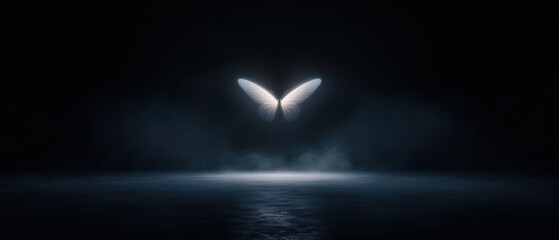 A butterfly is flying in the air in a dark room