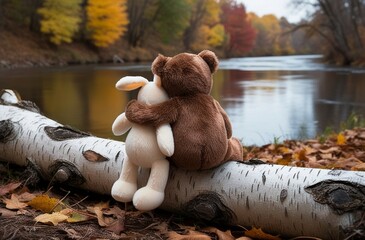 Lonely brown teddy bear hugs fluffy stuffed toy bunny sitting on fallen birch tree trunk near tranquil river on autumn day backside view