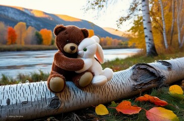 Lonely brown teddy bear hugs fluffy stuffed toy bunny sitting on fallen birch tree trunk near tranquil river on autumn day backside view