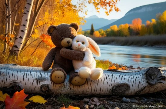 Lonely brown teddy bear hugs fluffy stuffed toy bunny sitting on fallen birch tree trunk near tranquil river on autumn day backside view