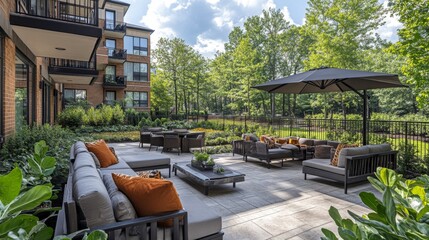 Cozy outdoor lounge area features comfortable seating with orange cushions, surrounded by lush greenery, perfect for socializing or enjoying the sunshine in a residential setting.