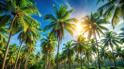 Lush Tropical Paradise Sunlight Dappling Through a Grove of Tall Palm Trees