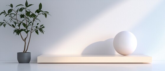A white shelf with a white ball on it and a potted plant on the left side