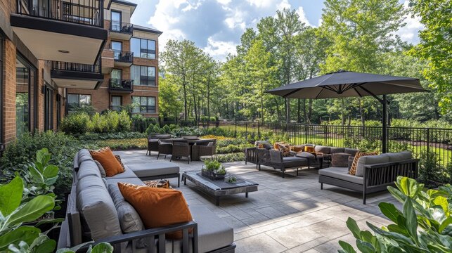 Cozy outdoor lounge area features comfortable seating with orange cushions, surrounded by lush greenery, perfect for socializing or enjoying the sunshine in a residential setting.
