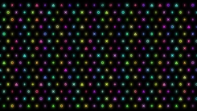 丸ばつ三角十字の四つの図形が回転するループパターン背景 虹色 黒背景