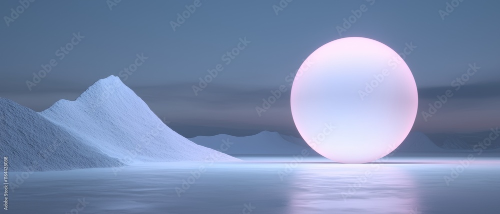 Poster a large glowing ball is floating in the water in front of a mountain range