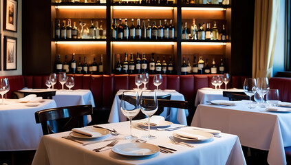 Elegant and Cozy Restaurant Interior with Bar, Bottles, and Formal Dining Setup, cozy atmosphere for a meal, Elegant dining setup in a modern restaurant interior, created with generative ai