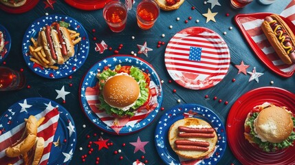 Overhead view of a festive Fourth of July meal featuring hot dogs, hamburgers, and french fries on patriotic plates.