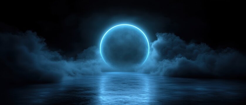 A blue circle is in the middle of a dark sky with clouds