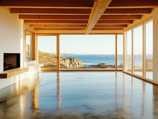 Fototapeta premium A large open room with a fireplace and a view of the ocean. The room is made of concrete and has a lot of windows