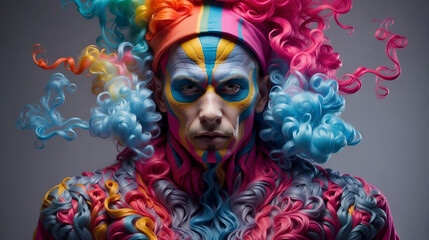 Colorful Joker with Wool Hair and Clothing Vibrant Clown Portrait, Artistic Makeup, Carnival Costume, Creative Festival Photography