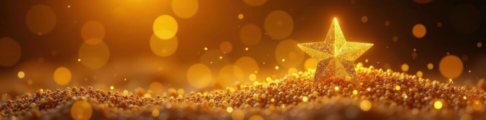 Golden star atop shimmering gold flakes, warm glow , gold star, bright
