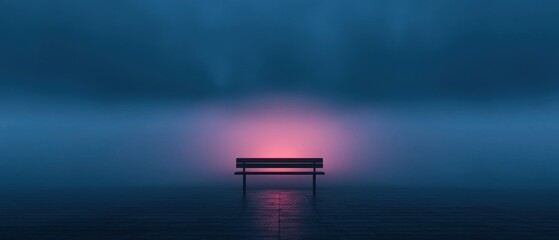 A bench is sitting on a wet sidewalk in the rain