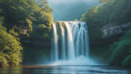 Fototapeta premium Majestic waterfall cascades down in lush green surroundings during bright daylight hours