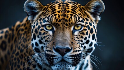 Obraz premium Majestic Jaguar Closeup Vibrant Spots Dark Background Intense Gaze.