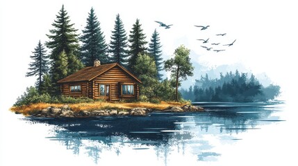 Fototapeta premium Riverside Cabin Concept on White Background