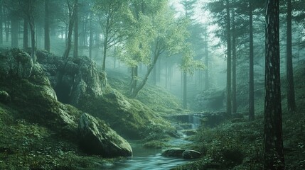 Obraz premium A tranquil forest scene featuring lush green vegetation surrounding a gentle stream. Sunlight filters through the misty atmosphere, casting a serene glow on the rocks and water. The landscape is dotte