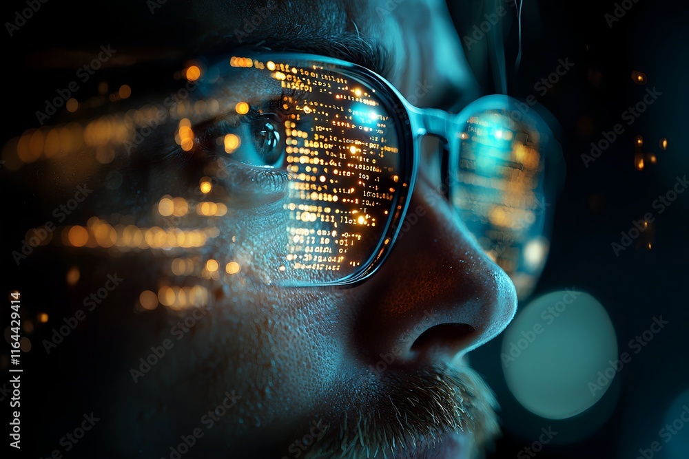 Poster scientist examining molecular dna model with projected binary data concept of innovation in data sto